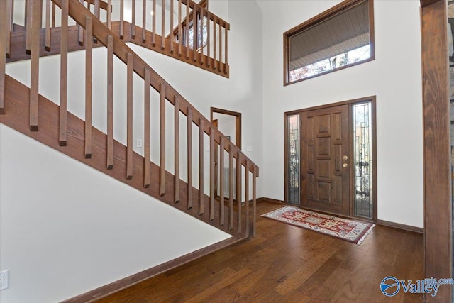 foyer entrance featuring a high ceiling and dark hardwood / wood-style floors