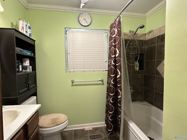 full bathroom featuring tile patterned floors, crown molding, vanity, and shower / bath combination with curtain