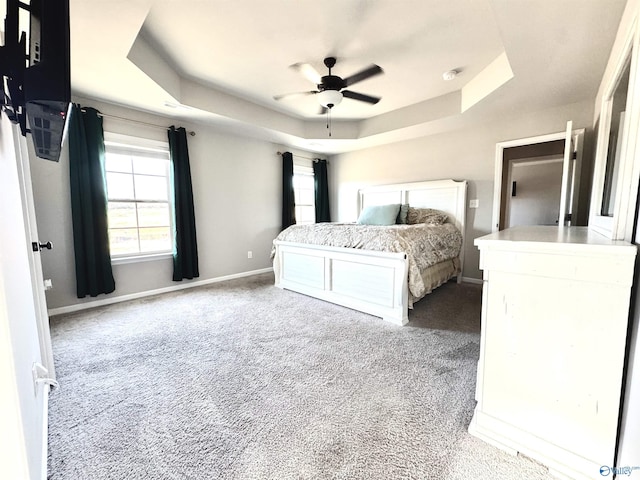 bedroom with ceiling fan, carpet flooring, and a tray ceiling