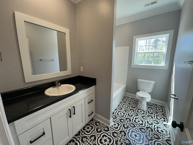 full bath featuring crown molding, toilet, vanity, tile patterned flooring, and visible vents