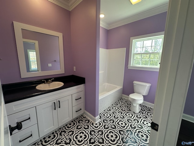 full bath featuring crown molding, toilet, vanity, tile patterned flooring, and baseboards