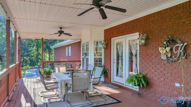 wooden terrace with french doors and ceiling fan