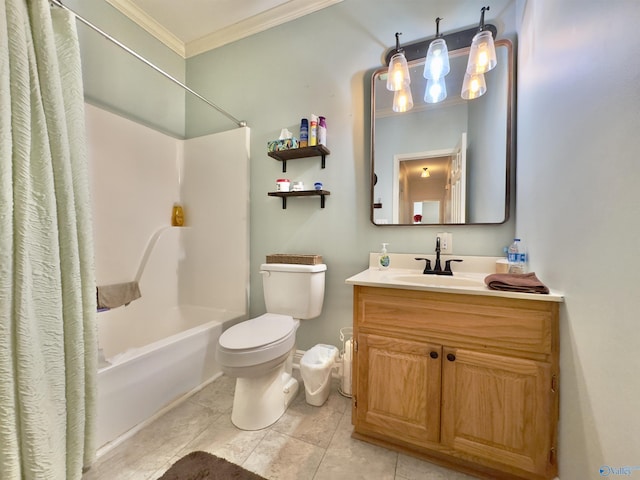 full bathroom featuring vanity, tile patterned floors, crown molding, toilet, and shower / bathtub combination with curtain