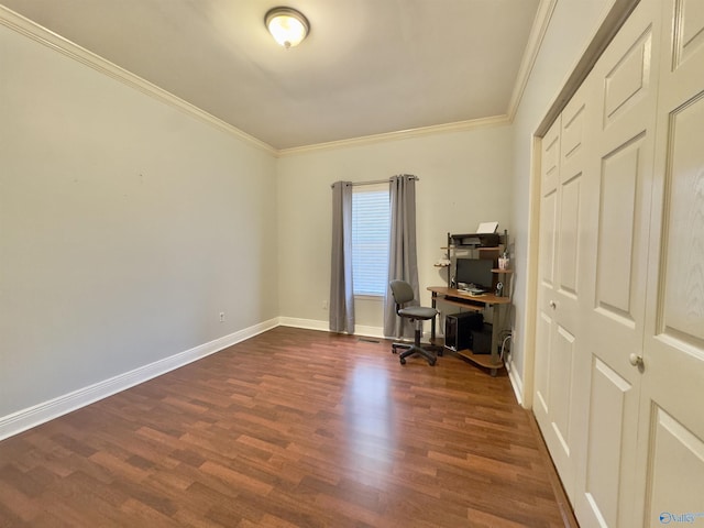 unfurnished office with dark hardwood / wood-style flooring and ornamental molding