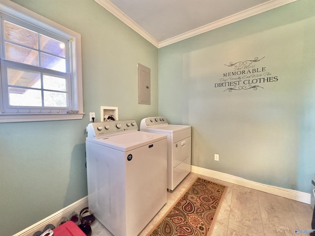 laundry area featuring electric panel, washer and clothes dryer, and ornamental molding