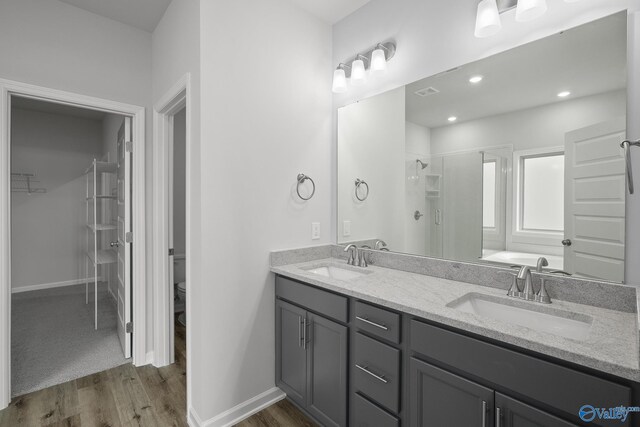 269 Shubert Dr, Hazel Green, AL 35750 - bathroom featuring a stall shower, wood finished floors, a bath, double vanity, and toilet