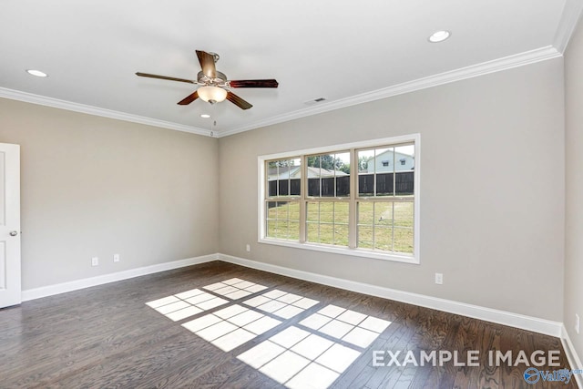 unfurnished room featuring ceiling fan, dark wood-type flooring, and crown molding