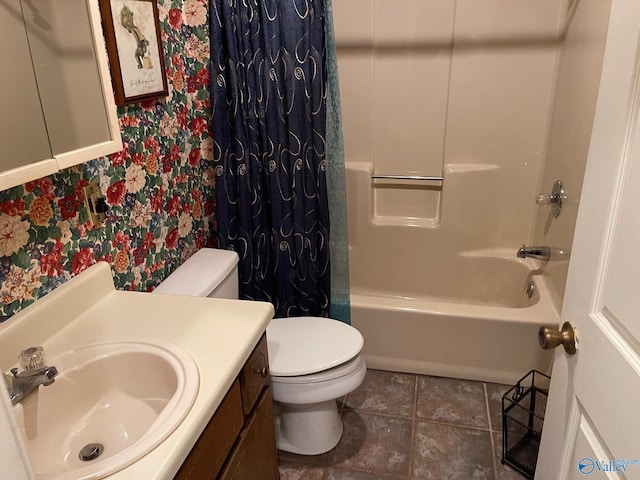 bathroom with wallpapered walls, tile patterned floors, shower / bathtub combination with curtain, toilet, and vanity