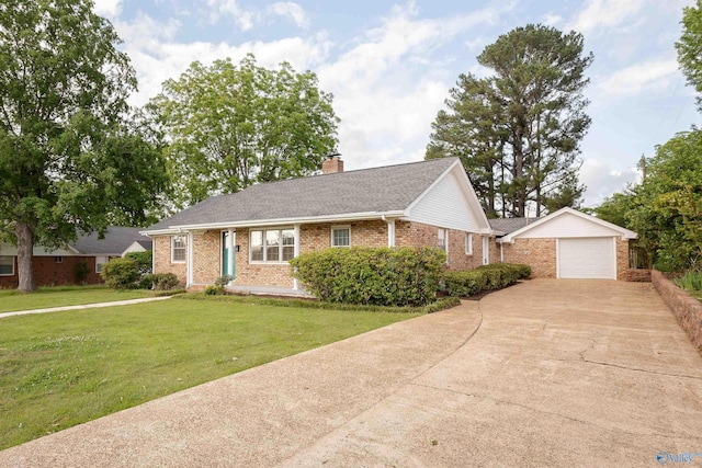 ranch-style home with brick siding, driveway, a chimney, an outdoor structure, and a front lawn
