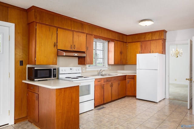 kitchen featuring white appliances, under cabinet range hood, a sink, brown cabinetry, and light countertops