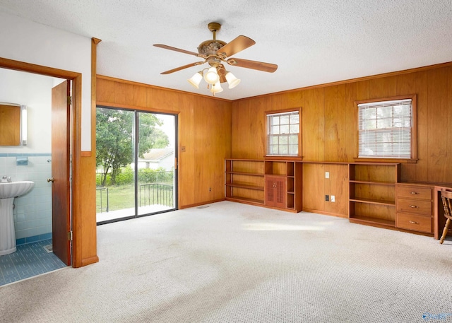 unfurnished room with wood walls, carpet, a ceiling fan, a textured ceiling, and a sink
