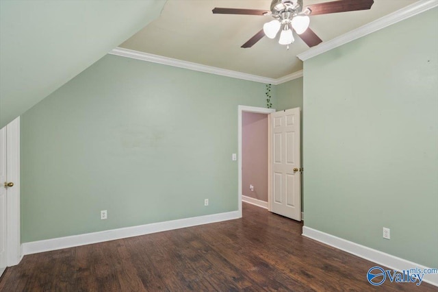 unfurnished bedroom featuring crown molding, ceiling fan, and dark wood-type flooring