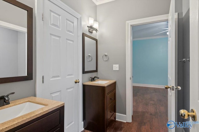 bathroom featuring crown molding, vanity, and hardwood / wood-style floors