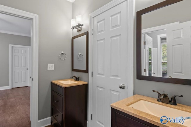 bathroom with hardwood / wood-style flooring, ornamental molding, and vanity