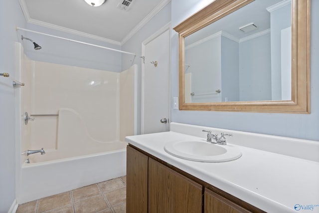 bathroom with shower / bathing tub combination, vanity, crown molding, and tile patterned floors