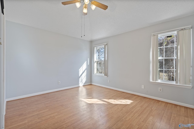 spare room with a wealth of natural light, a textured ceiling, and light hardwood / wood-style floors