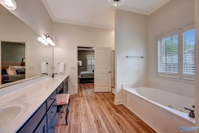 ensuite bathroom featuring wood finished floors, a healthy amount of sunlight, ensuite bath, and a sink
