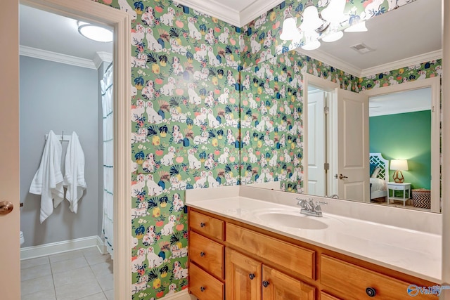 bathroom featuring baseboards, wallpapered walls, crown molding, and vanity