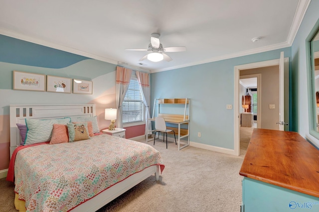 bedroom with ceiling fan, baseboards, ornamental molding, and carpet floors