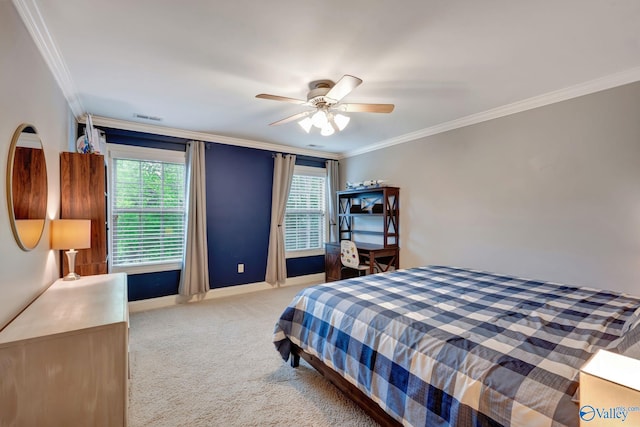 bedroom with crown molding, carpet flooring, baseboards, and visible vents