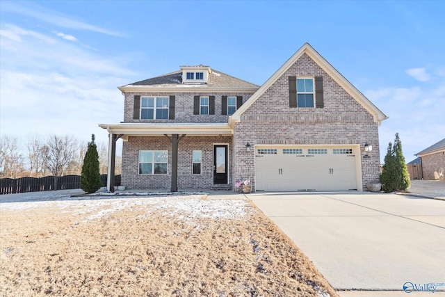 view of front facade featuring driveway, brick siding, an attached garage, and fence