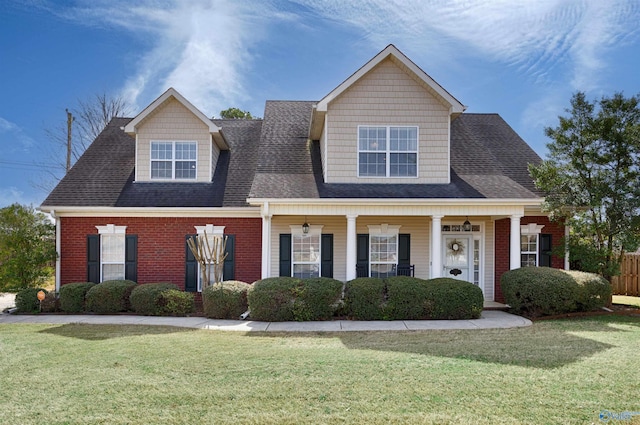 view of front of house with brick siding, a front yard, a shingled roof, and fence