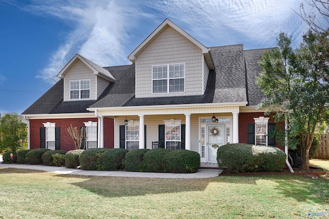 view of front of home featuring brick siding, a porch, a shingled roof, and a front lawn