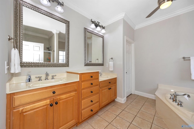 full bath featuring a ceiling fan, a sink, ornamental molding, and a shower stall