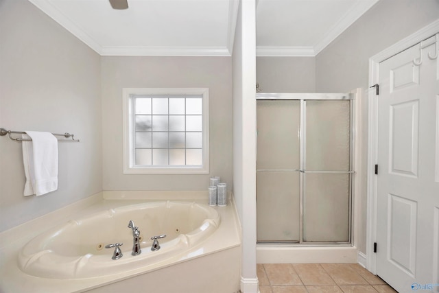 full bath featuring a tub with jets, crown molding, and a shower stall