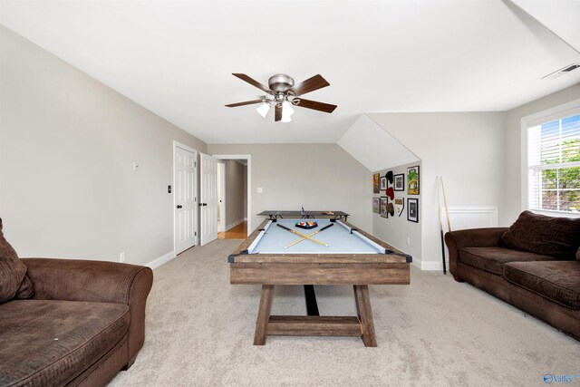 game room with light carpet, baseboards, pool table, and a ceiling fan