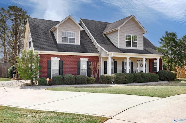 view of front of house with fence, brick siding, a front lawn, a shingled roof, and a porch