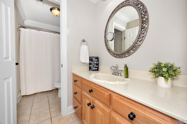 bathroom with a shower with shower curtain, toilet, tile patterned flooring, and vanity