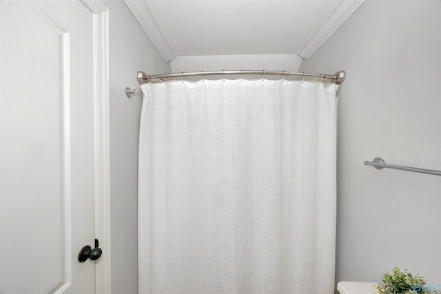 bathroom with toilet, ornamental molding, and a shower with shower curtain