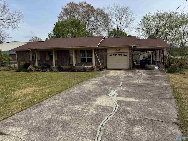 ranch-style home with aphalt driveway, an attached garage, a front yard, brick siding, and a carport