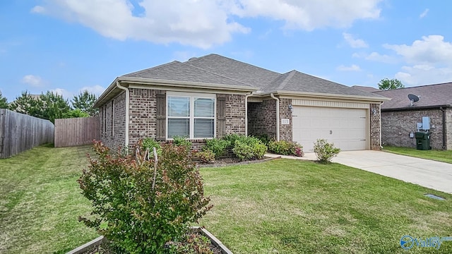 view of front of home with a garage, fence, a front yard, brick siding, and driveway