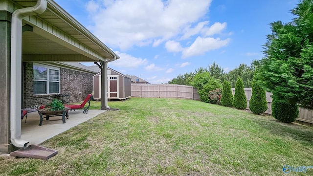 view of yard featuring an outbuilding, a fenced backyard, a patio area, and a storage unit