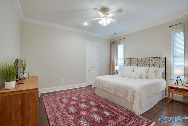 bedroom with ornamental molding, ceiling fan, and dark hardwood / wood-style flooring