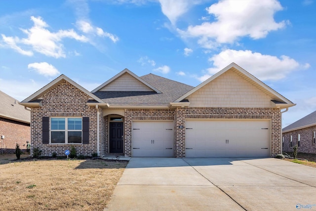 view of front of home featuring a garage, brick siding, driveway, and a shingled roof