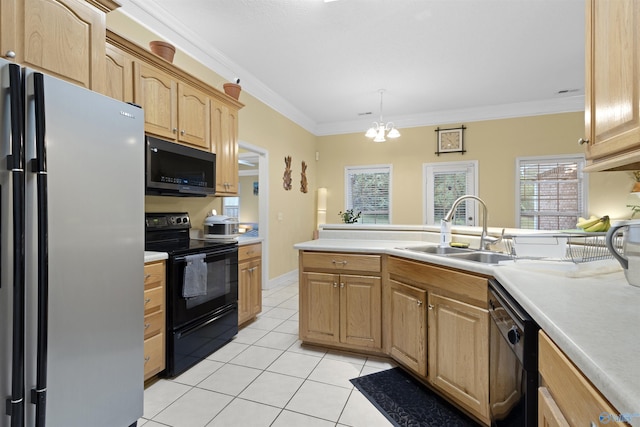 663 Gooch Ln, Madison, AL 35758 - kitchen featuring black appliances, a sink, light tile patterned floors, light countertops, and a chandelier