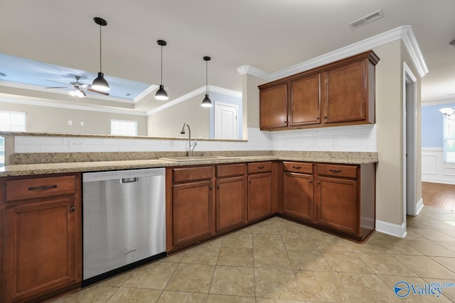 164 Moore Farm Cir NW, Huntsville, AL 35806 - kitchen featuring stainless steel dishwasher, brown cabinetry, crown molding, visible vents, and a ceiling fan