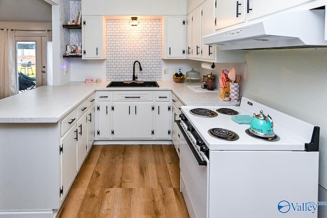 kitchen featuring white cabinetry, sink, white range with electric stovetop, and kitchen peninsula