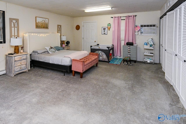 carpeted bedroom with a wall mounted air conditioner