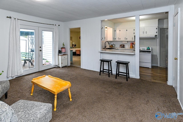 carpeted living room featuring french doors and sink