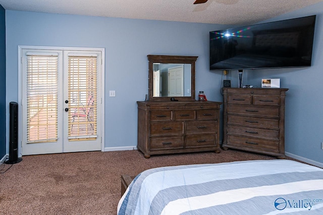 bedroom featuring access to outside, dark carpet, baseboards, and french doors