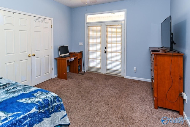 bedroom featuring access to outside, baseboards, carpet flooring, and french doors