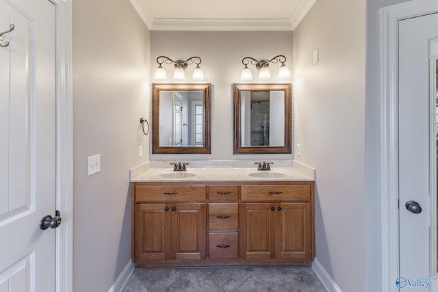 bathroom with tile patterned floors, vanity, and ornamental molding