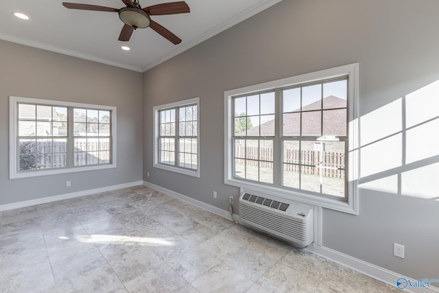 unfurnished room featuring ornamental molding, ceiling fan, and a healthy amount of sunlight