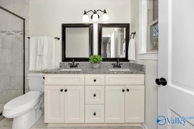 bathroom featuring vanity, toilet, and walk in shower