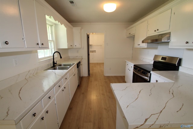233 Shaw Rd NW, Hartselle, AL 35640 - kitchen with under cabinet range hood, appliances with stainless steel finishes, a sink, light wood finished floors, and white cabinets