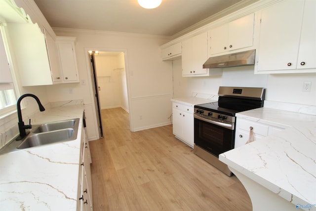 233 Shaw Rd NW, Hartselle, AL 35640 - kitchen with under cabinet range hood, electric range, a sink, light wood-style flooring, and ornamental molding